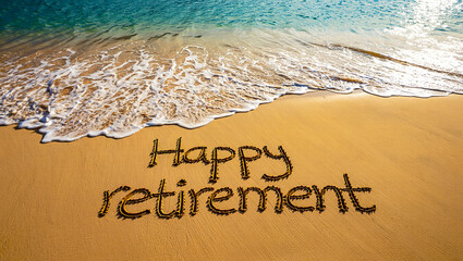 Happy retirement message written in sand on a tropical beach with ocean waves coming in gently
