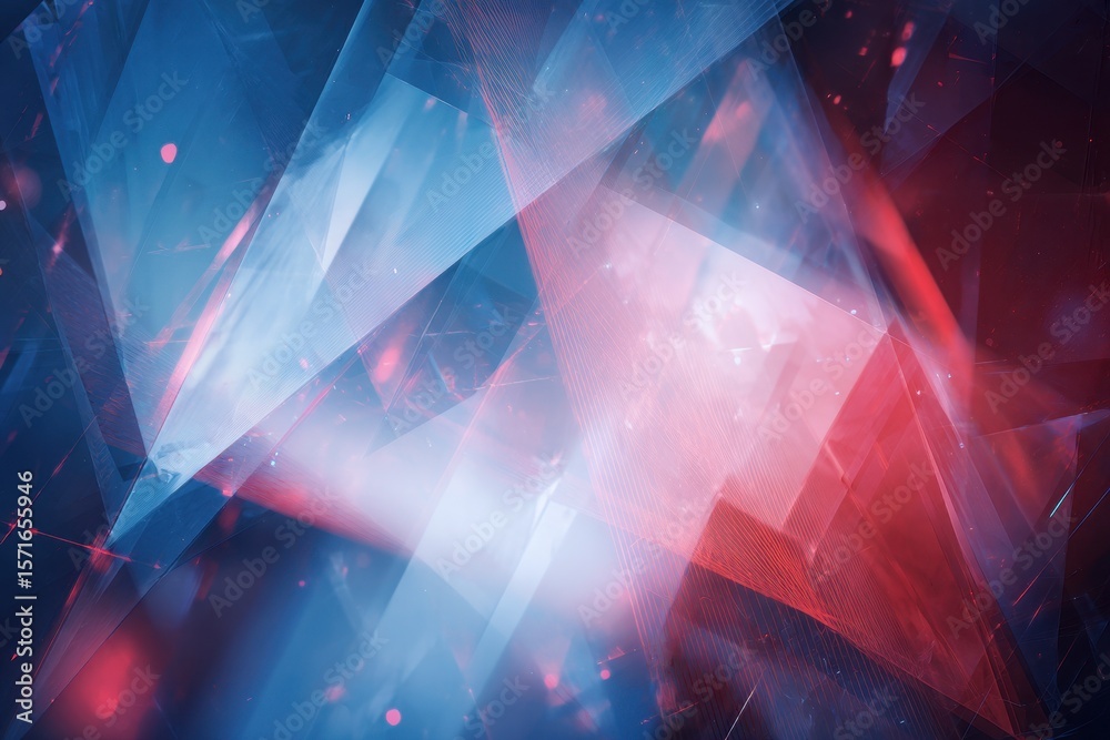 Poster dynamic arrangement of blue and red triangles and lines creating a vibrant abstract composition in a