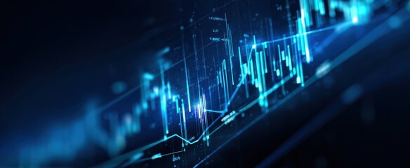 The digital stock market chart showcasing glowing financial data analysis and trends.