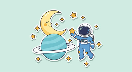 Cute Astronaut Reaching for a Star with Moon and Planet.Cute cartoon astronaut reaching for a star, with a smiling moon and ringed planet. Whimsical space adventure illustration on a light background.