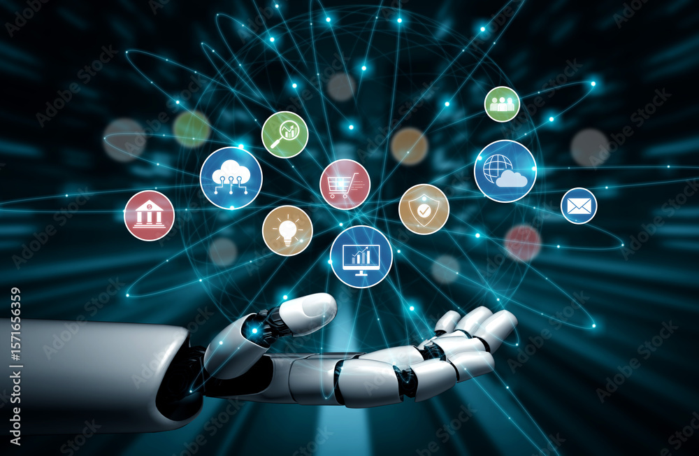 Aufkleber ai assists in organizing and visualizing a digital ecosystem of business icons to represent key serv