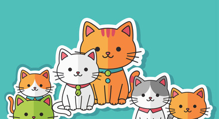 Adorable Collection of Colorful Cartoon Cats. Adorable collection of colorful cartoon cats in various poses and colors (orange, white, grey, green). Cute, sticker-like design on a teal background.