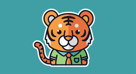  Cute Cartoon Tiger in Business Shirt and Tie.  Cute cartoon tiger mascot wearing a green shirt and red tie. Friendly, striped character. Ideal for business, education, or children's themes.