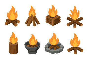 Campfire set. isometric fire wood designs. campfire, flame, wood, stone, log vector icons.