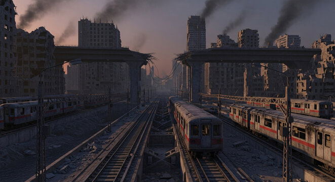 abandoned ghost town green city wasteland post apocalypse ruins destruction