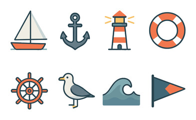 Nautical icon set. simple nautical symbols. boat, anchor, lighthouse, wave, seagull vector icons
