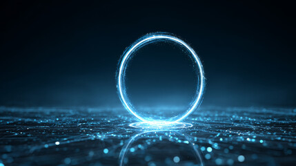 Abstract blue light effect background. Futuristic lab with 3D circle and HUD elements interface. Blank Hologram for show your product. Circle technology portal. Vector illustration