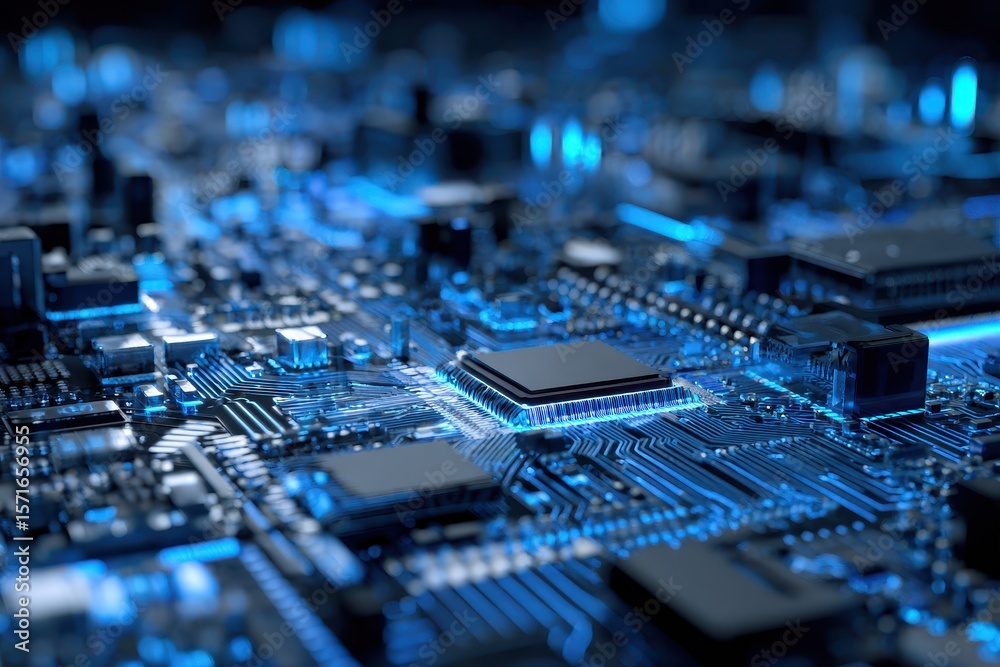Poster high tech circuit board abstract background displaying intricate designs and glowing elements in a f