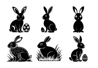 Collection of six black easter bunny silhouettes with decorative eggs and grass elements