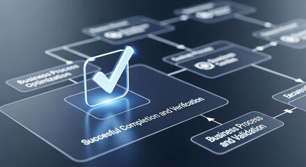 A digital flowchart showing business process optimization with successful completion and verification