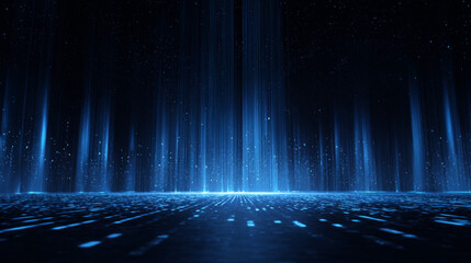 Futuristic Technology Background with Blue Digital Lines, Stage with Backdrop Showing Data Transmission. Vector Illustration.
