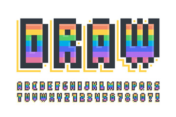 Pixel stylized vector alphabet design. High contrast and sharp, retro-futuristic.