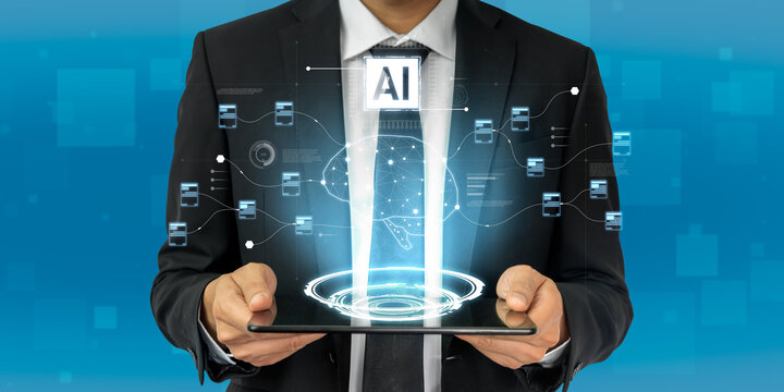 AI neural network and data processing system visualizing artificial intelligence with brain structure, chip, and connected data blocks for computation and learning Vouch