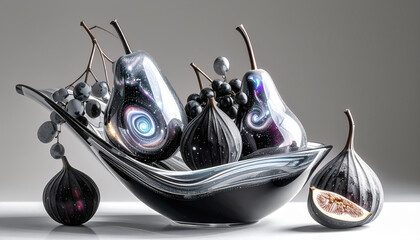 A luxury still life of chrome-plated fruit with glowing cosmic details in a modern bowl. Reference Image