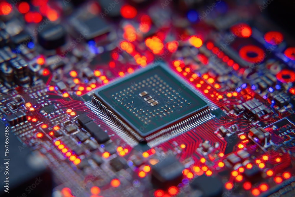 Poster macro view of a processor highlighting intricate details and vibrant circuitry against a backdrop of