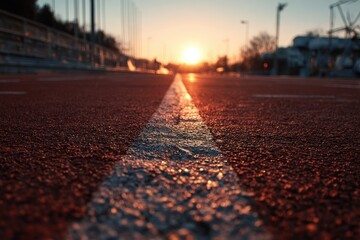 Running track at sunset showcasing the warm glow of the evening sky and the silhouette of the surrounding landscape along the vibrant red track surface
