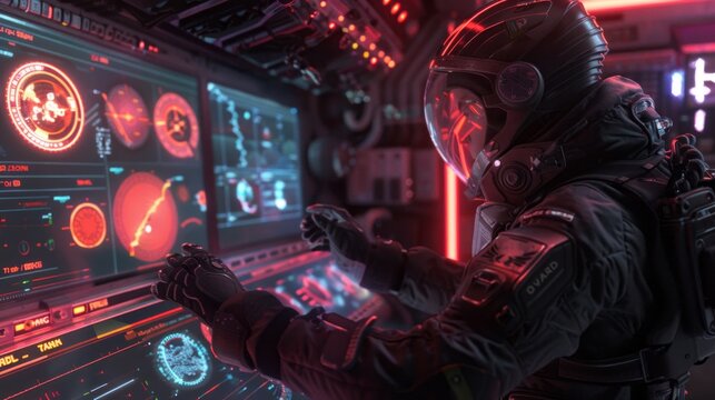 Futuristic Astronaut in Spacecraft Cockpit Navigating Complex Systems with Glowing Interface Panels and Neon Lights