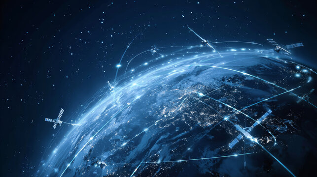 Blue futuristic background with planet Earth. Vector. Internet satellites transmit signals. Map of the planet. Global social network. Future. Internet and technology. Floating blue plexus geometric.  