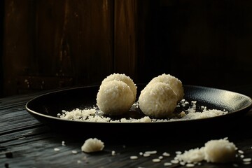 Crispy Risotto Balls on Dark Plate with White Rice Elegant Italian Cuisine Display