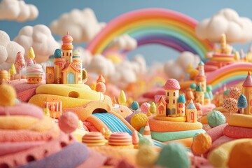 Explore vibrant landscapes filled with whimsical candy structures, colorful rainbows, and fluffy clouds in a magical dreamland inspired by imaginative creations