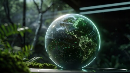 Glowing digital earth globe showing america continents in lush indoor tropical garden setting.
