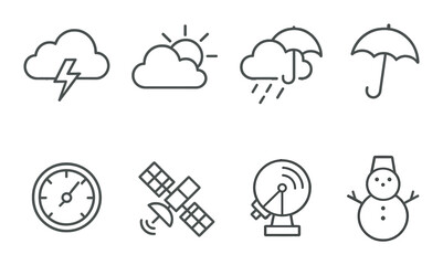 Weather symbols set. simple forecast icons—cloud, umbrella, snowman, radar, vector icons