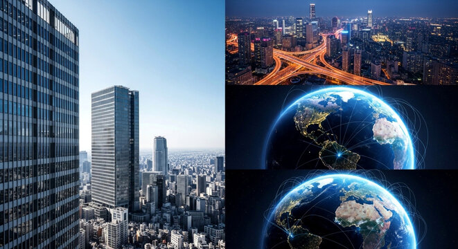 Collage showcasing cityscapes, night traffic, and earth with global connections represented visually