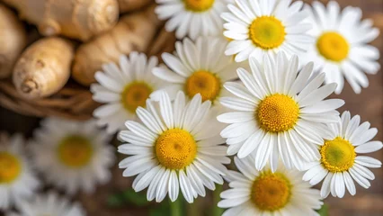 Ingelijste posters Ziekenhuis Chamomile flowers with white petals and yellow centers are beautifully arranged near fresh ginger roots creating natural and soothing scene  © n3wttfoto
