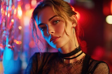 Collage capturing a beautiful woman with captivating eyes posing elegantly against a vibrant backdrop of colorful lights in a trendy urban setting at night
