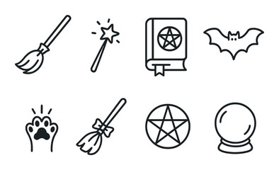 Halloween icon set. spooky simple icons: broom, wand, bat, book, crystal ball vector icons.