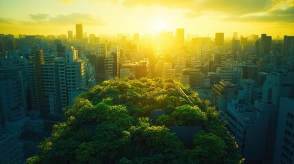 City rooftop garden at sunset