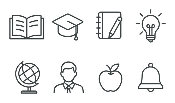 Education icon set. minimalist school silhouette. book, cap, notebook, bulb vector icons.