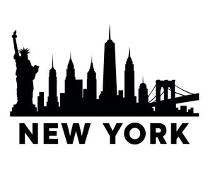 Vector illustration of the iconic New York City skyline in black silhouette style. Features the Statue of Liberty, skyscrapers including the Empire State Building, One World Trade Center