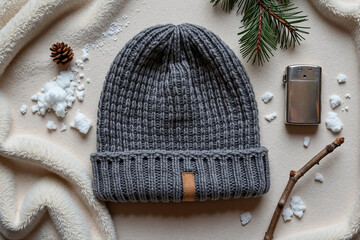 cozy winter flat lay composition with a warm gray knitted beanie hat, a vintage lighter, a pine cone, and fir tree branches on a soft, light-colored sherpa fabric background