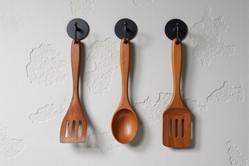 Rustic wooden kitchen utensils, including spatula and spoon, hanging on black modern hooks against white textured wall, creating stylish and functional cooking decor