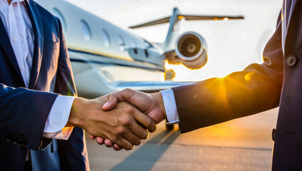 Private jet handshake business deal successful partnership agreement luxury travel corporate aviation success
