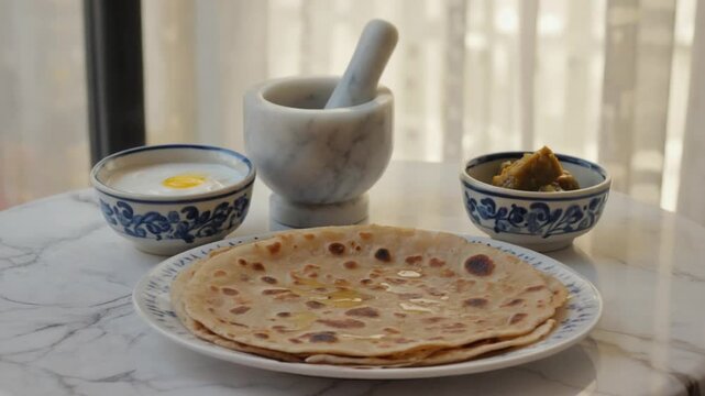indian stuffed paratha with pickle and yogurt video