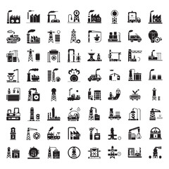 Collection of diverse industrial and factory icons representing manufacturing energy and production processes