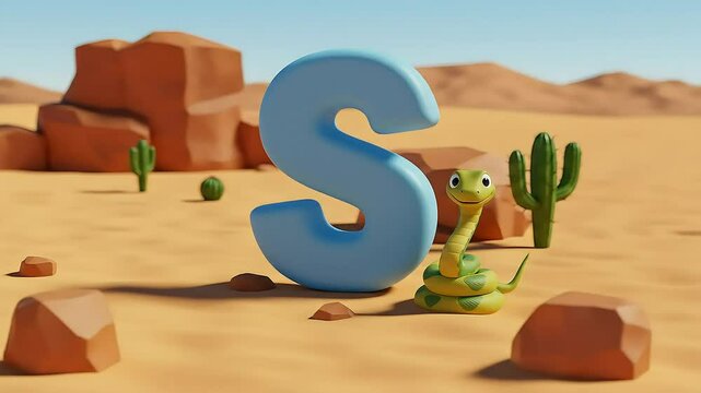 3D Render of Sky Blue Letter S and Smiling Green Snake in Desert
