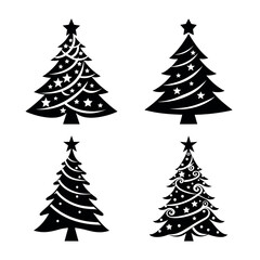 Obraz premium Four stylized black christmas tree silhouettes with stars and ornaments on white background