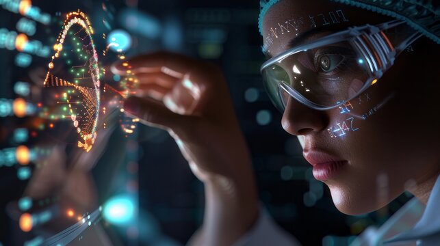 Focused surgeon manipulating glowing DNA strand with futuristic glasses, showcasing cutting-edge medical innovation. - Powered by Adobe