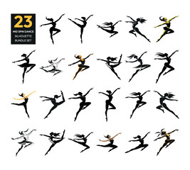 Collection of 23 diverse ballet dancers in dynamic poses and mid spin silhouette bundle set