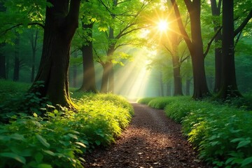 Naklejka premium Sun-Dappled Forest Path A Meandering Journey Through Magical Sunlight, Perfect for Nature, Travel, and Serenity Themes