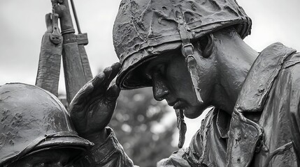A somber black and white statue depicts two soldiers, one saluting, honoring fallen comrades.