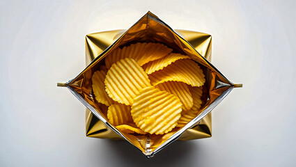 Top view of open bag of wavy potato chips on white background for snack food and junk food concepts