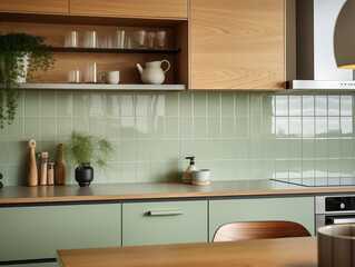 Midcentury modern retro kitchen interior and sage and natural wood