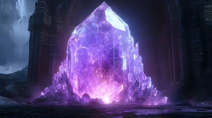 Glowing purple crystal formation set within a rocky, shadowed, archway and misty landscape background