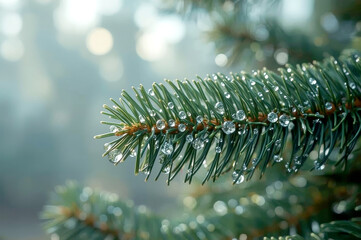 Close-up of a single, vibrant pine branch covered in fresh, glistening dew drops. The needles are a rich, deep green, and the drops reflect tiny facets of the morning light. The background is a soft
