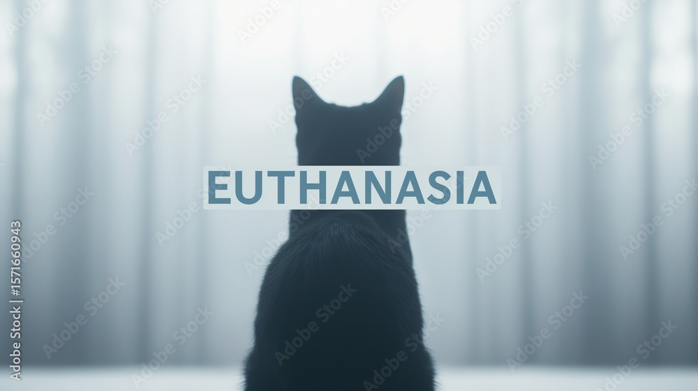 Fototapete a back view of black cat is sitting on the ground in front of a white background and text 