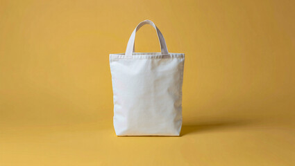 White canvas tote bag mockup for branding and design presentation on yellow background studio shot view